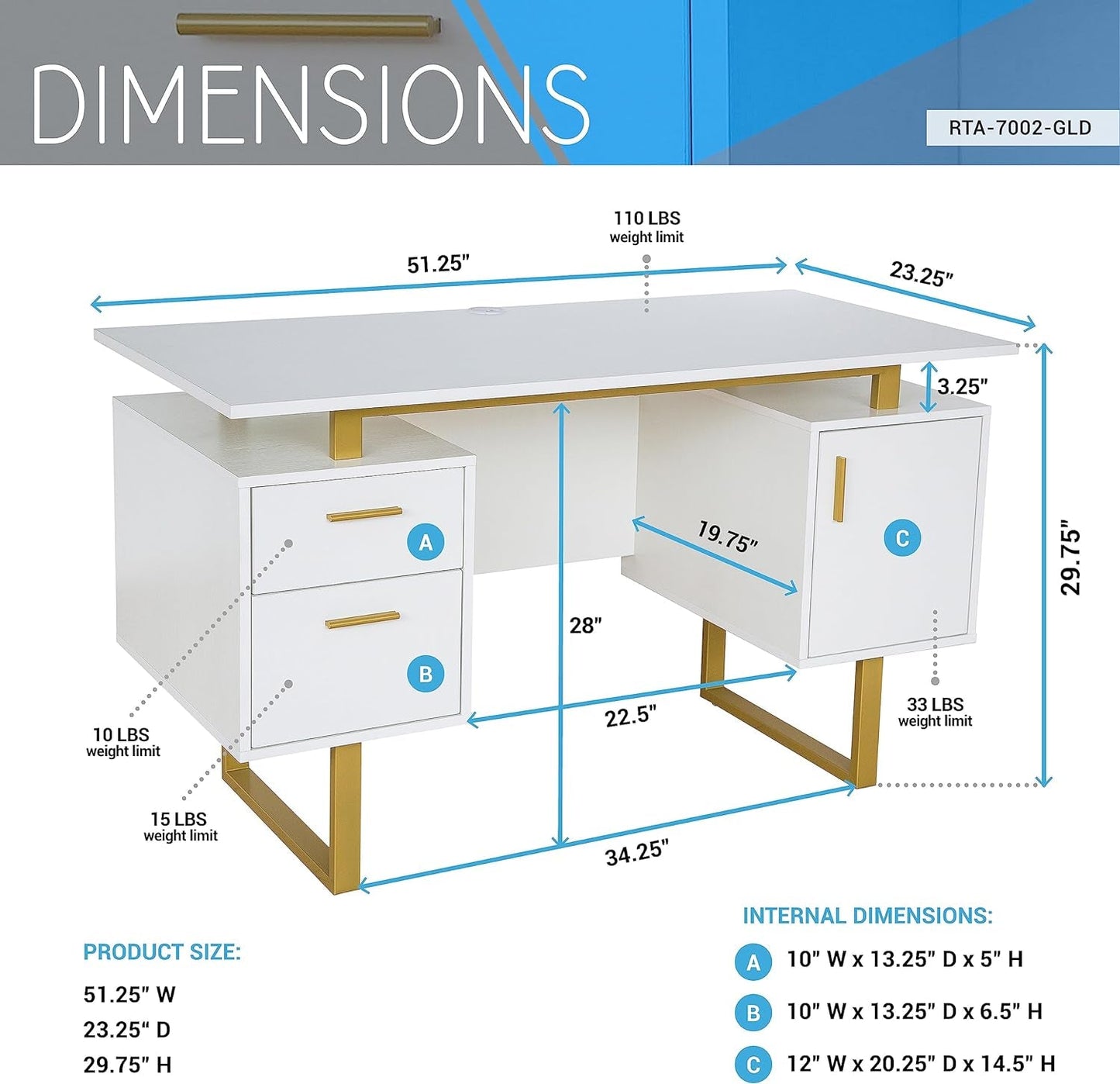 51" White Gold Desk with Storage Cabinet-2