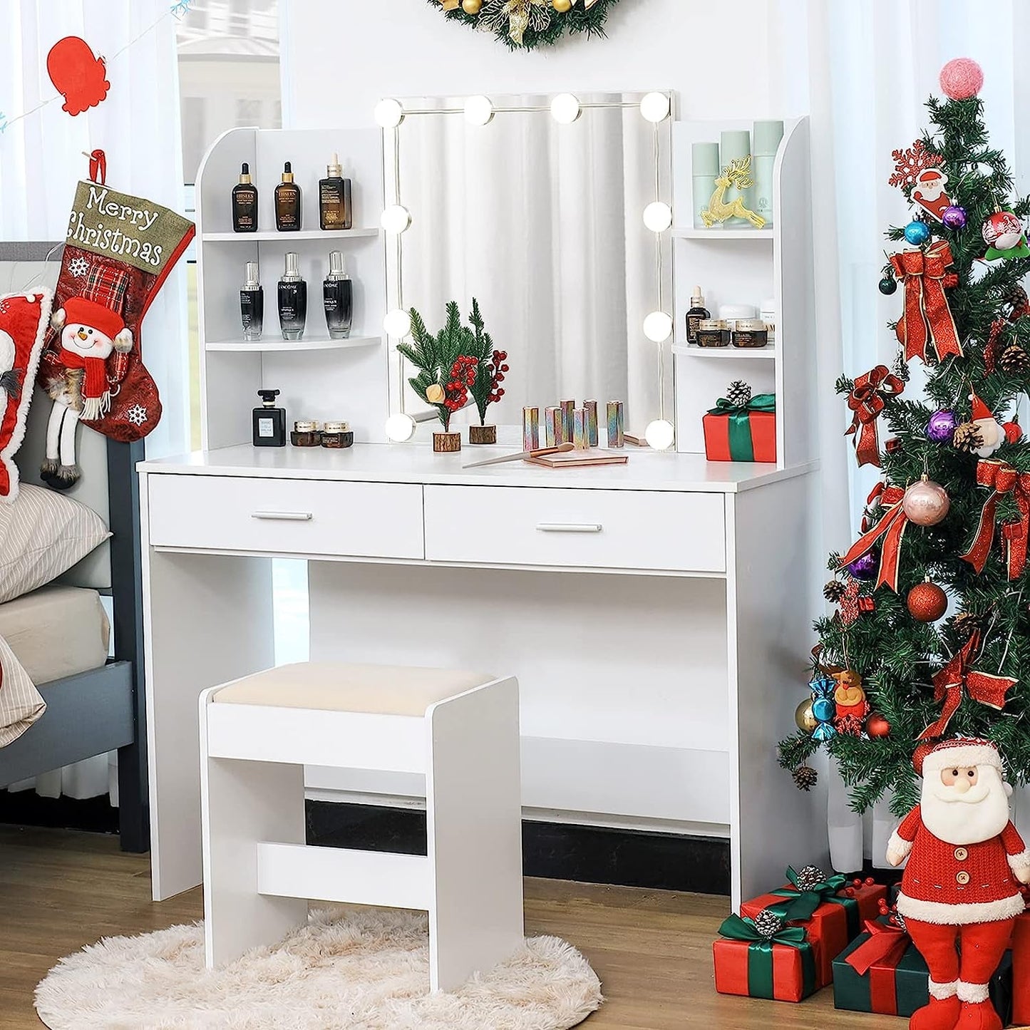 Large Vanity Set with 10 Light Bulbs, 2 Drawers (White)-0