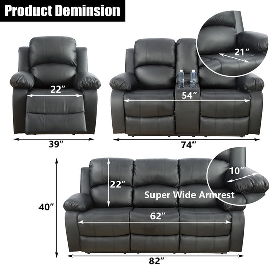 Black Leather Reclining Sofa Set for Living Room Set,Recliner Sofa with Drop down Table/Double Recliner Loveseat with Storage Console/Recliner Chair/Faux Leather-1