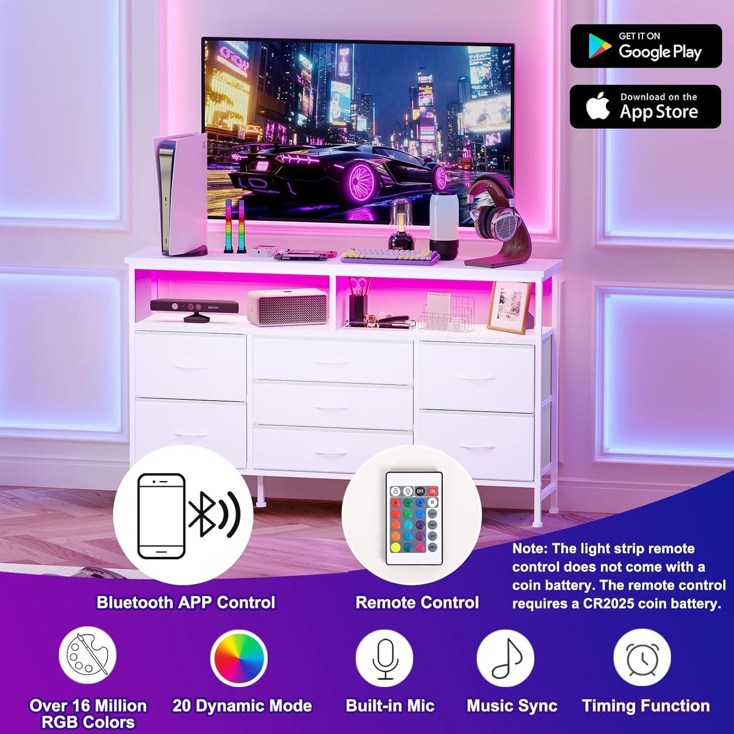 55 Inch Dresser TV Stand with Power Outlets and LED Lights, White Long Dresser for Bedroom with 7 Fabric Drawers, Large Dresser TV Stand for up to 65 Inch TV, Chest of Drawers for Bedroom White-4