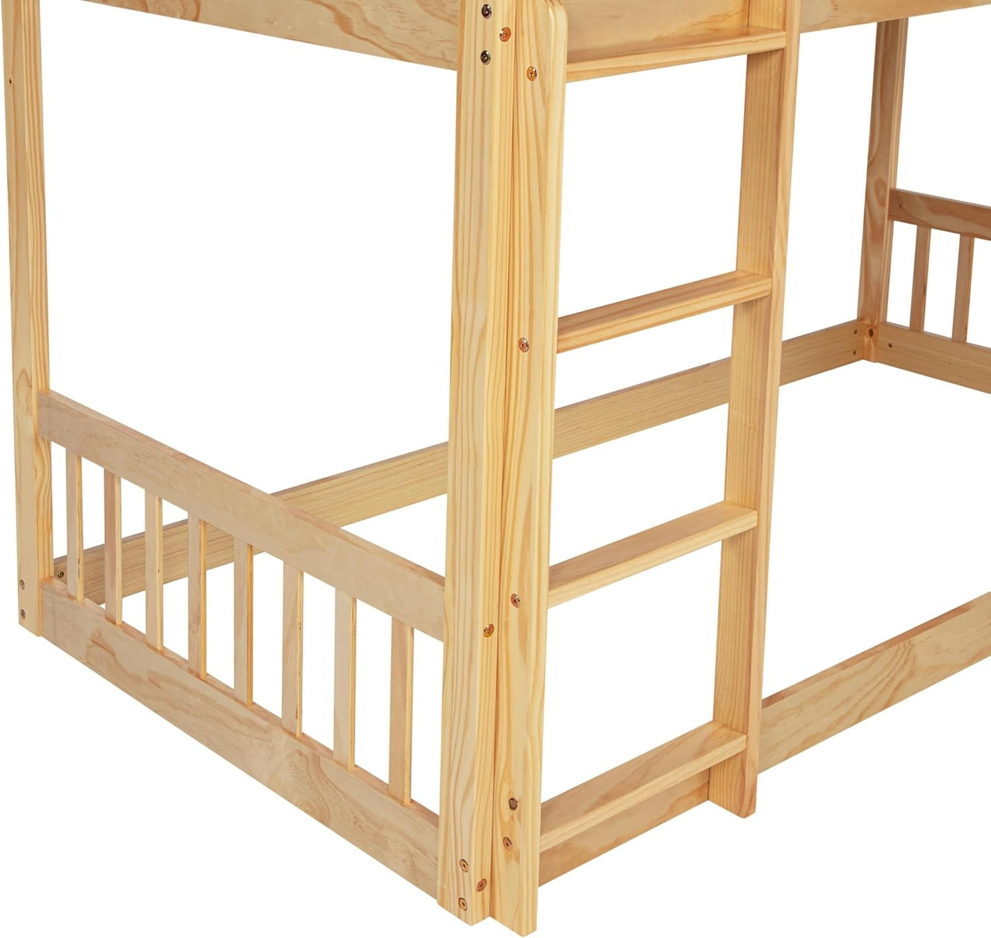 Twin over Twin Bunk Bed, Solid Wood Loft Bed Frame with Climbing Ramp and Ladder, Stable Bunk Bed with Guardrail, Modern Floor Bed for Teens and Adults, Easy to Assemble, Natural-4