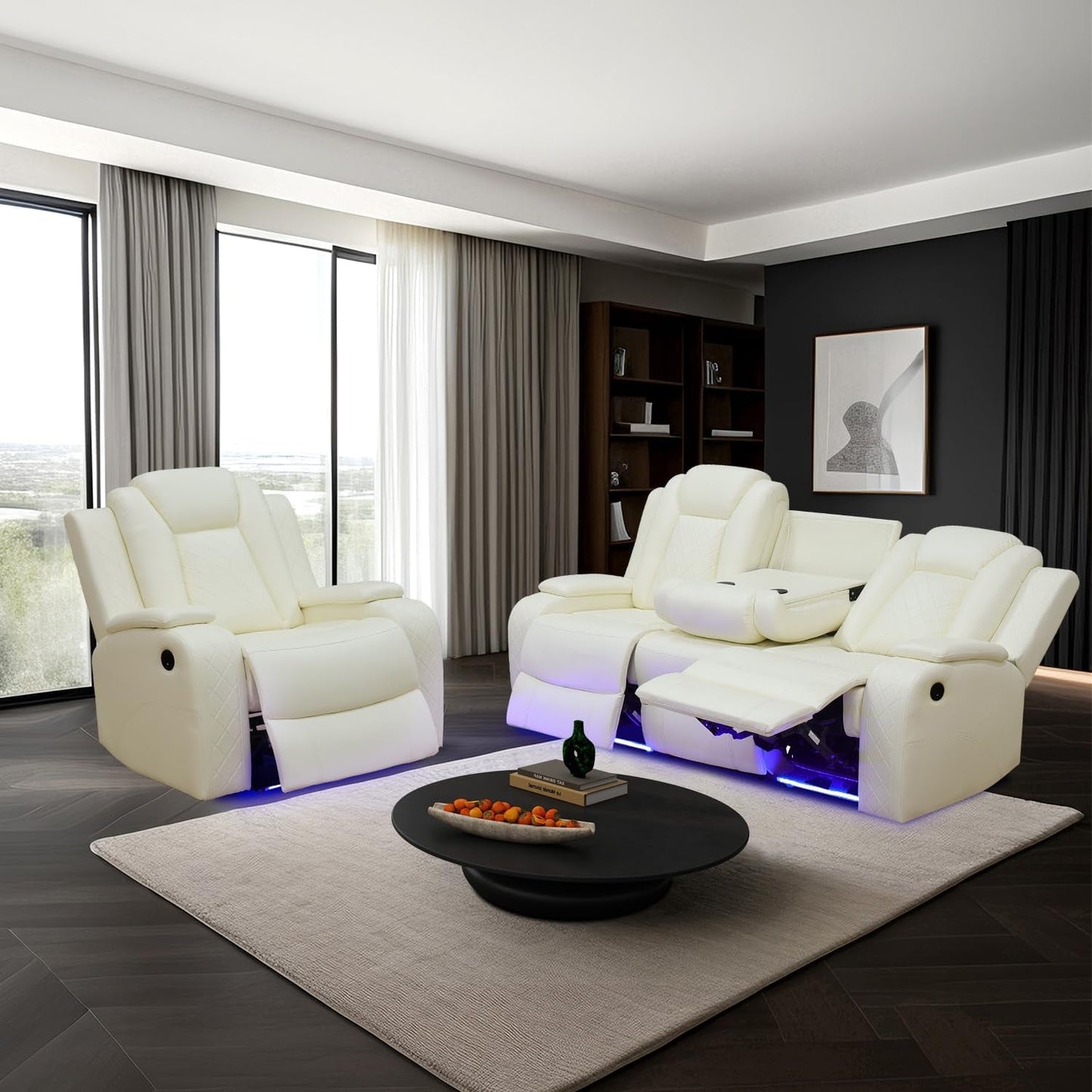 Power White Leather Reclining Sofa Set with LED Light for Living Room Set,Theater Seat Recliner Chair and 3 Seats Double Recliner Sofa with Drop-Down Table/Read Light/Wireless Charge/Usb Port-0