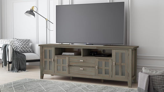 Artisan SOLID WOOD Universal TV Media Stand, 72 Inch Wide, Transitional, Living Room Entertainment Center, Storage Cabinet, for Flat Screen Tvs up to 80 Inches in Distressed Grey-1