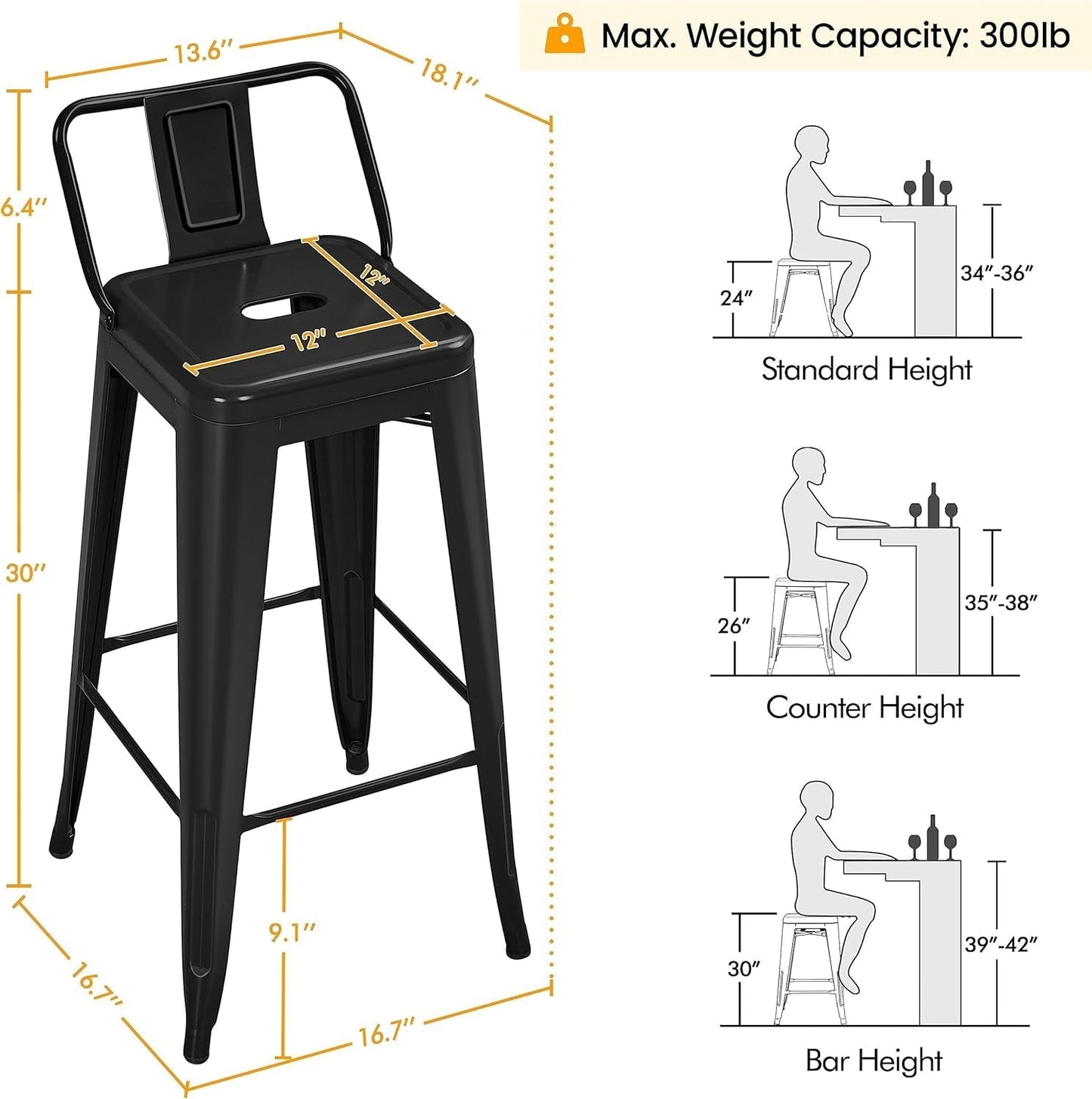 30 Inch Metal Bar Stools Set of 4 Bar Height Barstools Kitchen Chair Industrial Bar Stools with Low Back for Indoor Outdoor Use Matte Black-2