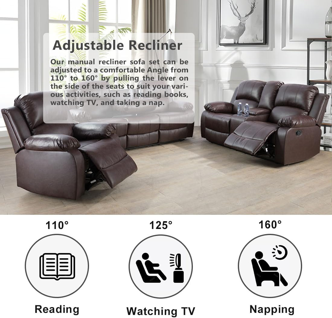 3PCS Recliner Sofa Set Vegan Leather Reclining Couch Set Living Room Furniture Sets Manual Reclining Sofa Set with Cup Holders/Storage Console/Flip down Table for Home/Office (Brown, 3PCS Set)-3