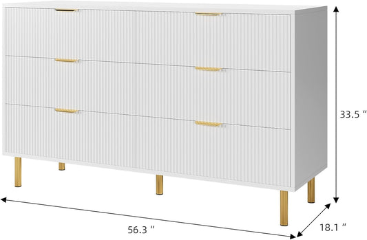 White 6 Drawer Dresser for Bedroom, 56” Wide Wood Dresser Organizer with Metal Legs, Modern Chest of Drawers for Bedroom, Hallway, Home Office-1