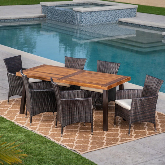 Randy | Outdoor 7-Piece Acacia Wood and Wicker Dining Set with Cushions | Teak Finish | in Multibrown/Beige, Rustic Metal-1