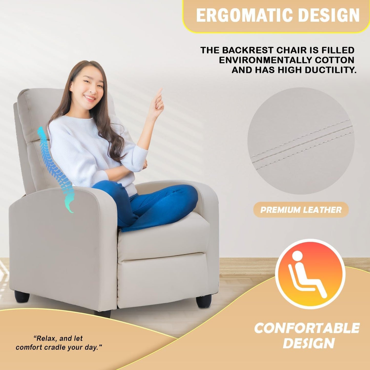 Recliner Chair Single Reclining Sofa Home Theater Seating with Lumbar Support and Padded Backrest for Living Room and Bedroom (Leather, Beige)-3