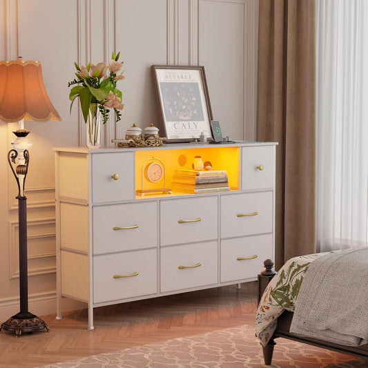 Dresser for Bedroom with Power Outlets and LED Lights, White 55" TV Stand with 8 Drawers, Fabric Chest of Drawers with PU Finish for Living Room, Entryway-1