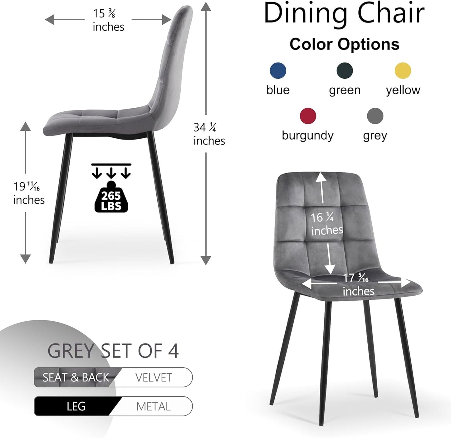 Grey Velvet Dinner Chairs Set of 4, Modern Armless Dining Side Chairs with Metal Legs for Kitchen Living Room Vanity-2