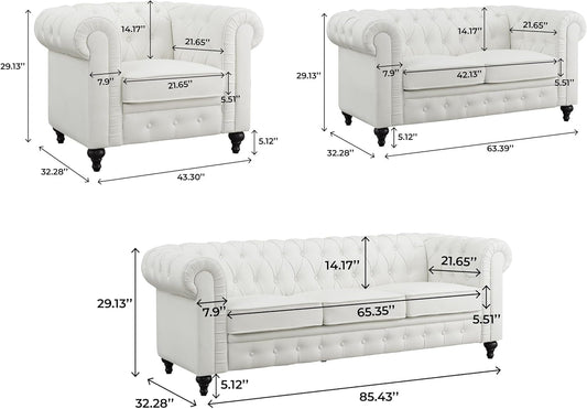Emery Chesterfield 3-Piece Set - Loveseat, Sofa, and Accent Chair with Tufted Design, Rolled Arms, Perfect for Living Rooms, Bedrooms, and Small Spaces, Easy Tool-Free Assembly, off White-1