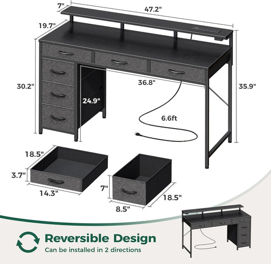 Gaming Desk with 6 Drawers, Computer Desk with LED Lights Power Outlets and Type-C, 47 Inch Office Desk with Storage, Monitor Stand, Writing Desk Work Desk Home Office, Bedroom, Study, Black-1