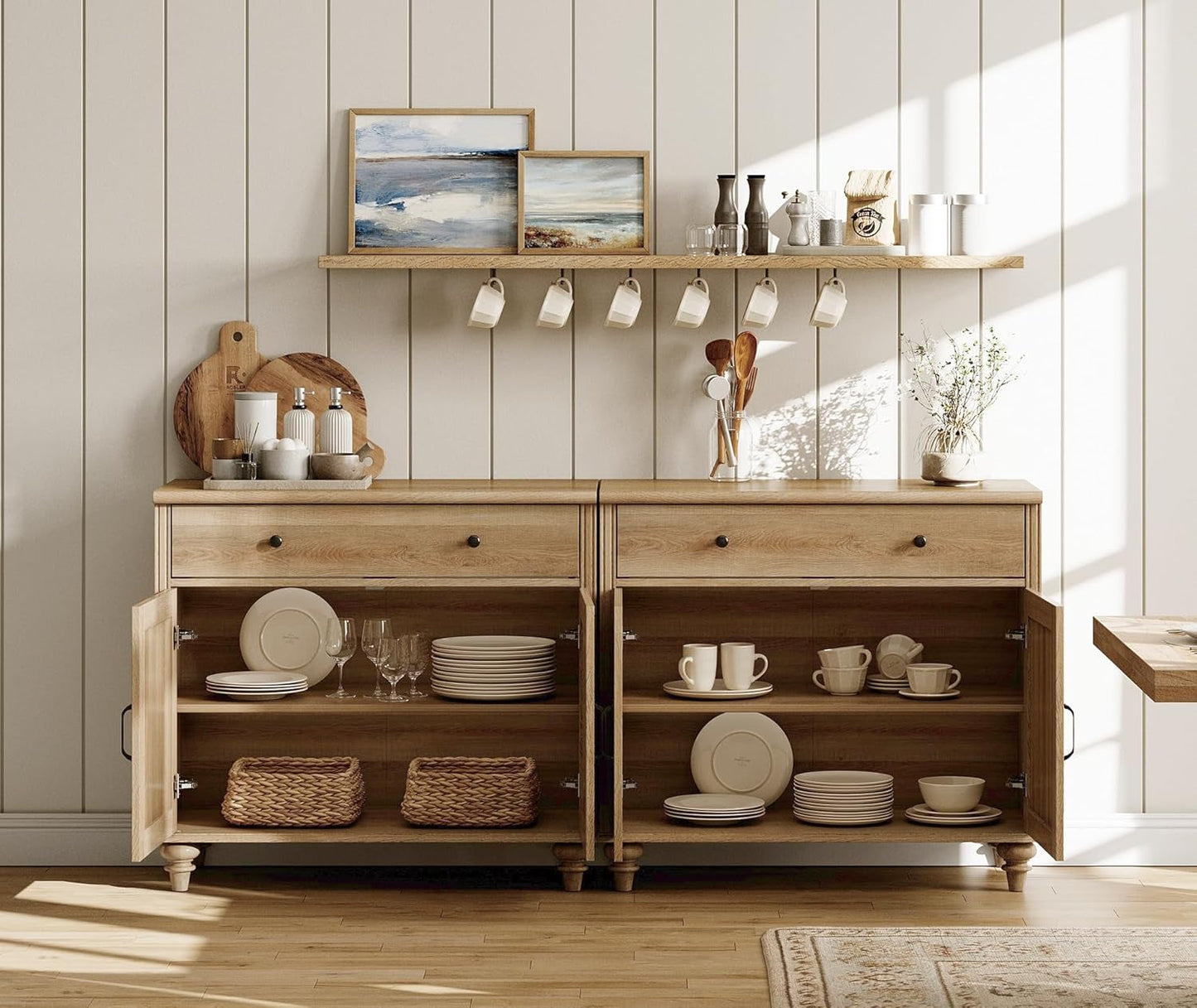 WAMAPT Buffet Cabinet with 4 Doors and 2 Drawers, Large Coffee Bar Tables Wood Kitchen Storage Cabinets with Storage Cabinets, Modern Farmhouse Sideboard Credenza for Dining Room, Oak, 68 Inch-2