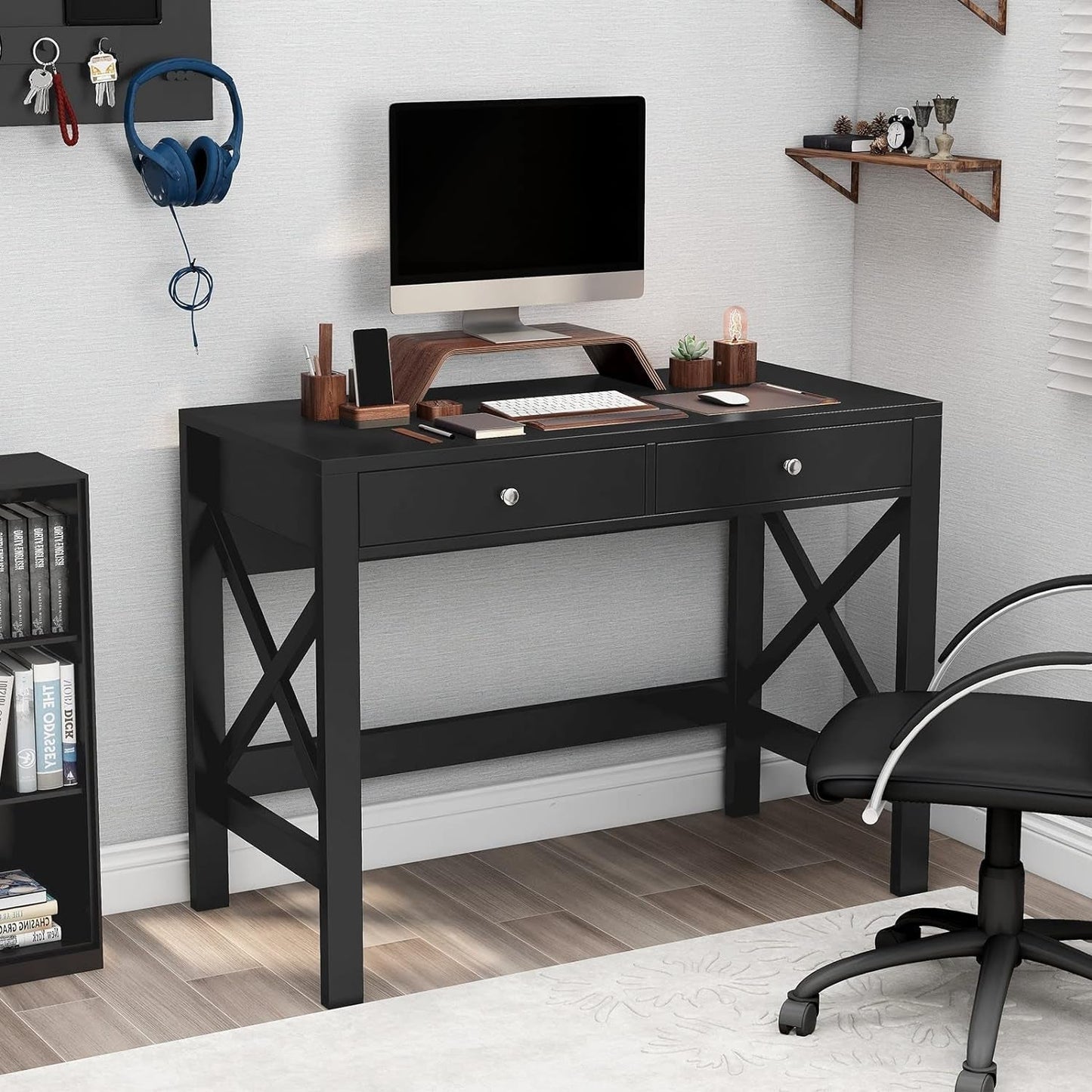 Home Office Desk Writing Computer Table Modern Design Black Desk with Drawers, Makeup Vanity Table-3