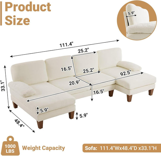 110" Sectional Couches for Living Room,U Shaped Couch with Double Chaise, 4-Seat Sofa Set with Chenille Fabric for Home Furniture,Beige-1
