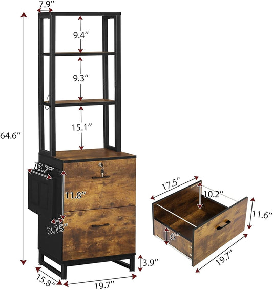 2 Drawer File Cabinet with Lock, Filing Cabinet Fits Letter, Legal, A4 Size, Hanging File Folders, File Cabinets for Home Office with Adjustable Storage Shelf and Hook, Rustic Brown-1