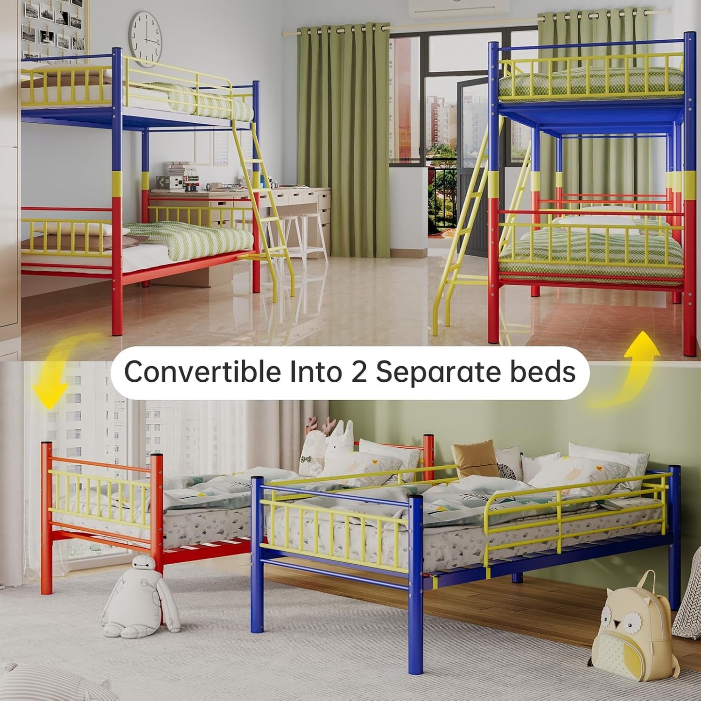 Metal Bunk Bed Twin over Twin,Twin over Full Bunk Bed,Bunk Bed Full over Full,Twin Bunk Beds for Kids with Safety Guardrail and Convertible Bunk Bed Design,Steel Bed for School, Bedroom-2