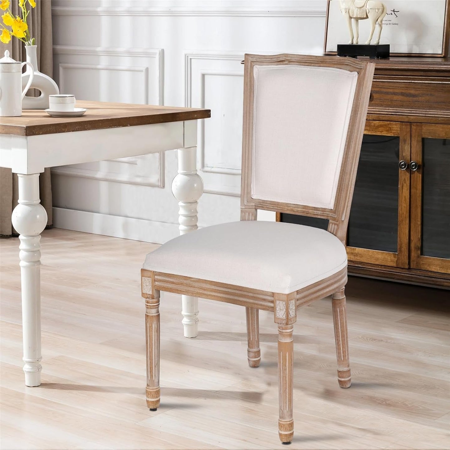 Dining Chairs Set of 2 Beige Fabric Square Back with Solid Wood Legs and Frame for French Country Kitchen Dining Room-4