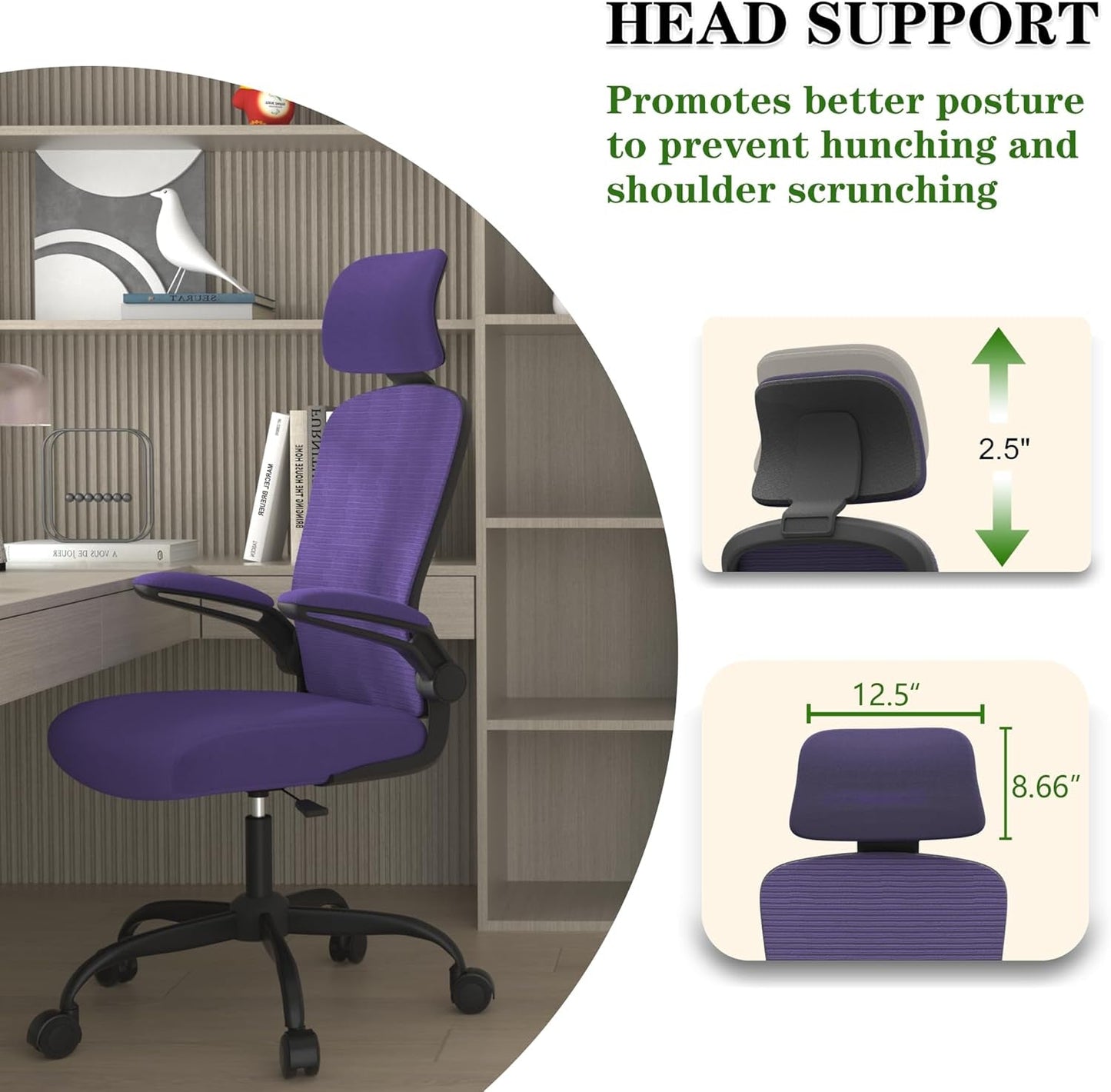 Ergonomic Mesh Office Chair, High Back Computer Desk Chair with Adjustable Lumbar Support & Headrest, Swivel Task Chair with Flip-Up Armrests for Home & Office (English, Purple)-3