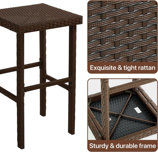 3-Piece Patio Bar Set Outdoor Wicker Bar Set All-Weather Rattan Bar Table Set Outdoor Furniture Set W/2 Stools, Glass Top Table and 2 Thick Cushion for Patios Backyards Porches Gardens Poolside, Red-1