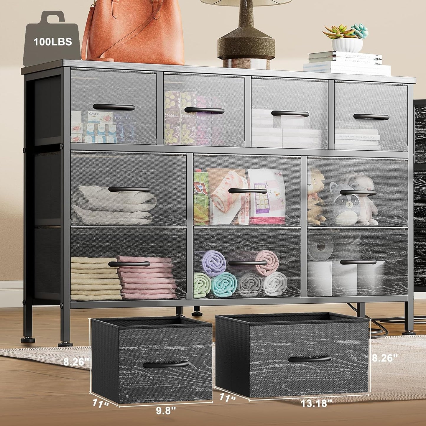 Dresser for Bedroom 10 Drawer Dresser TV Stand with Power Outlet, Entertainment Center Chest of Drawers for 55 Inch TV, Black Fabric Dresser for Bedroom Living Room Hallway Closets-2