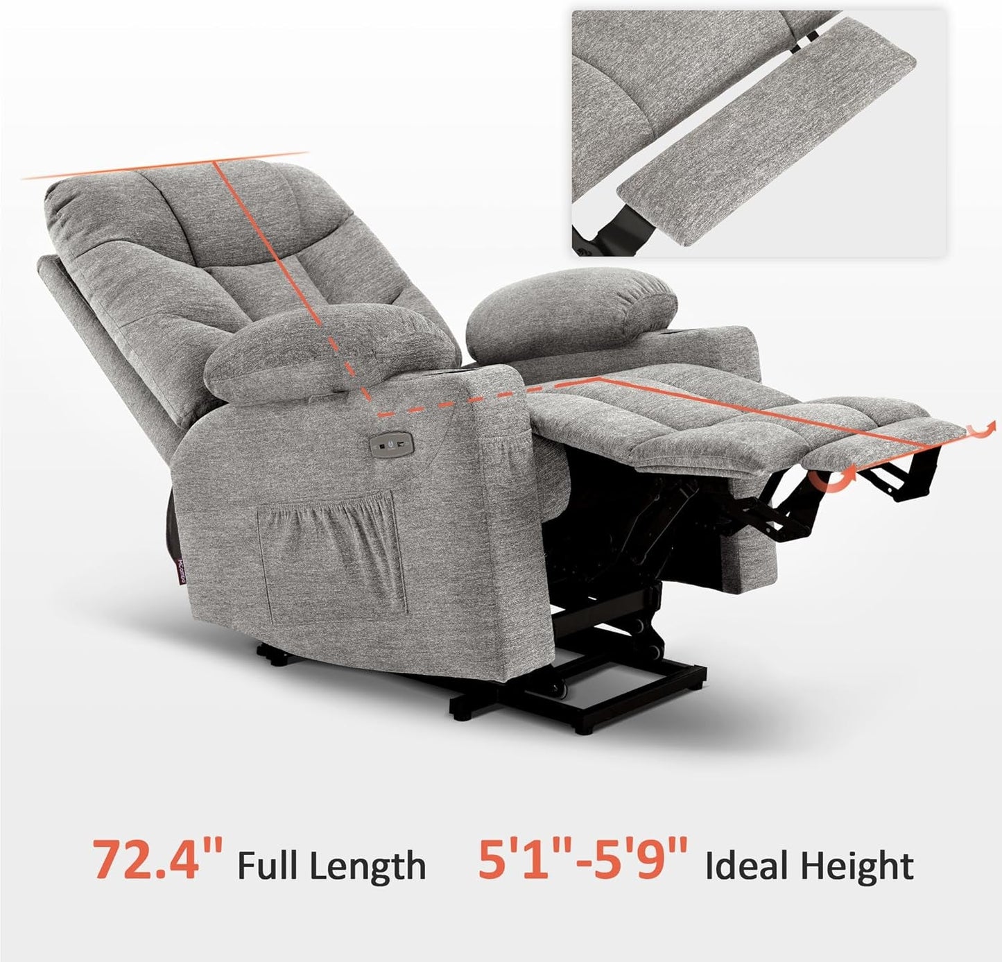 Power Lift Recliner Chair with Extended Footrest for Elderly People, Fabric 7287 (Light Grey, Medium-Regular)-4