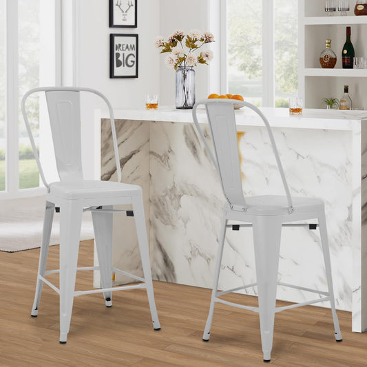 24 Inches Metal Bar Stool Set of 4 Counter Height Barstool with Back Seat, White-1