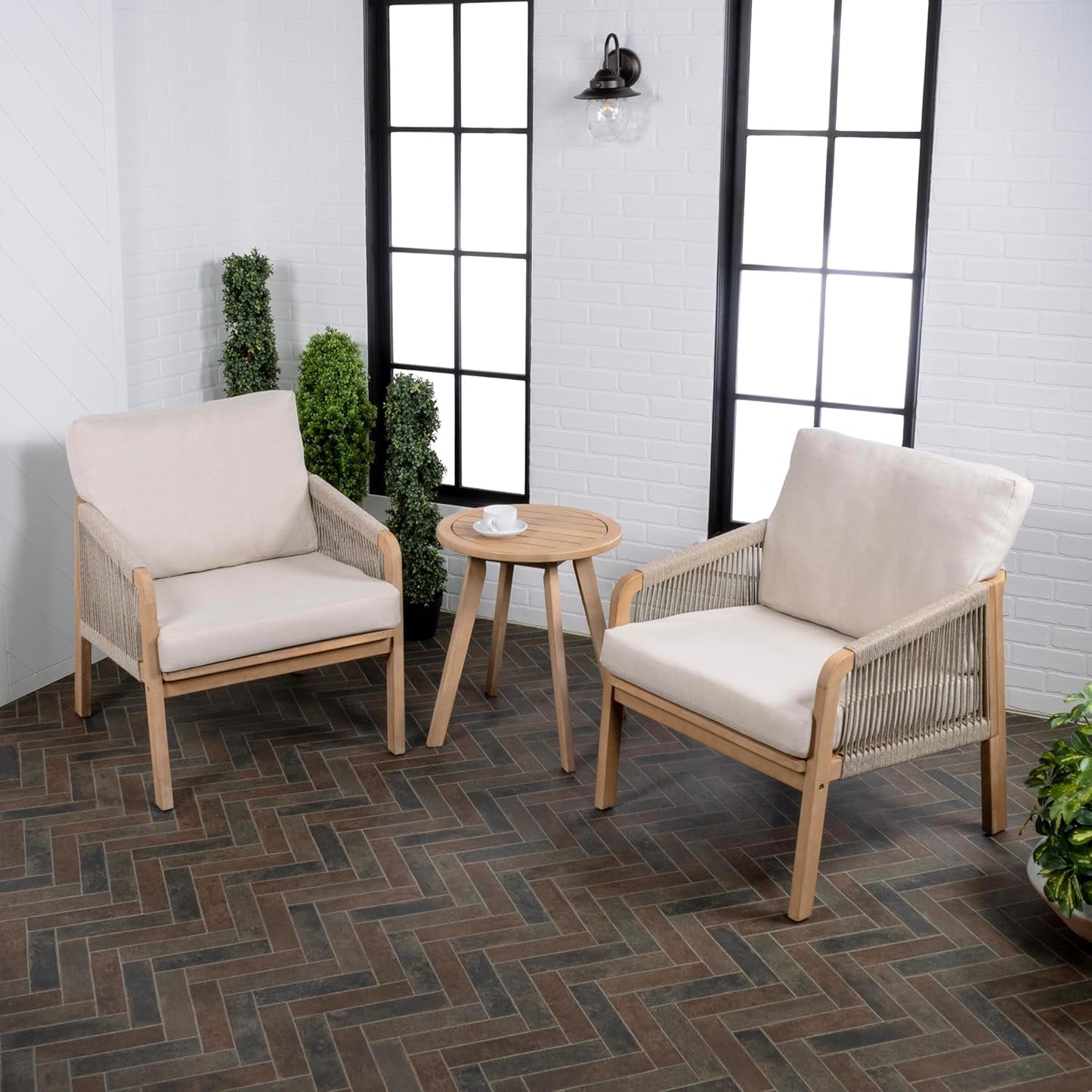 LVG1203A-3SET Aveiro 3-Piece Modern Bohemian Roped Acacia Wood Conversation Outdoor Patio Set with Cushions Coastal, Contemporary, Transitional, Rustic, Cottage, Beige/Light Teak-4