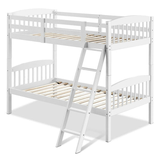 Hardwood Twin Bunk Beds with Inclined Ladder and Safety Guardrails-1