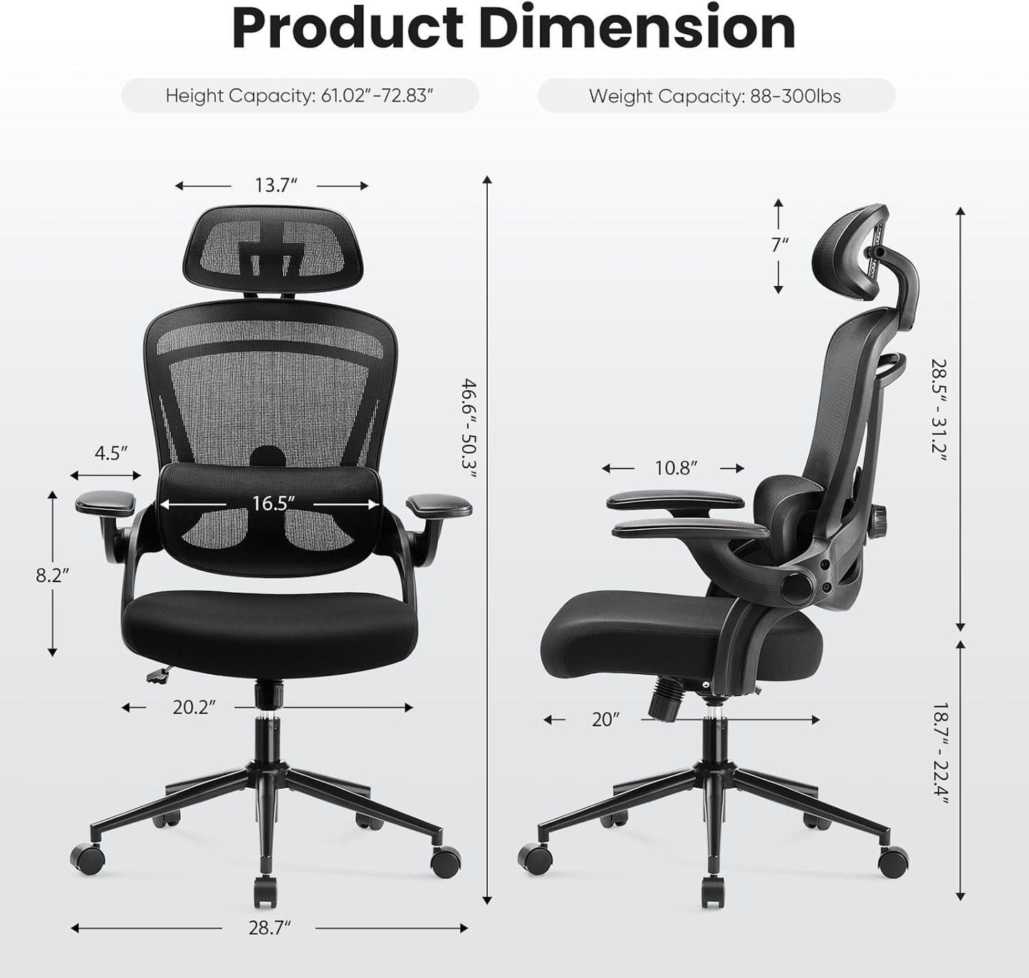 Ergonomic Mesh Office Chair, High Back Desk Chair with 2D Headrest, Up&Down Lumbar Support, Swivel Computer Task Chair with Adjustable Flip-Up Armrests,Black-2
