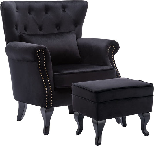 Black Velvet Wingback Chair with Ottoman Set-1