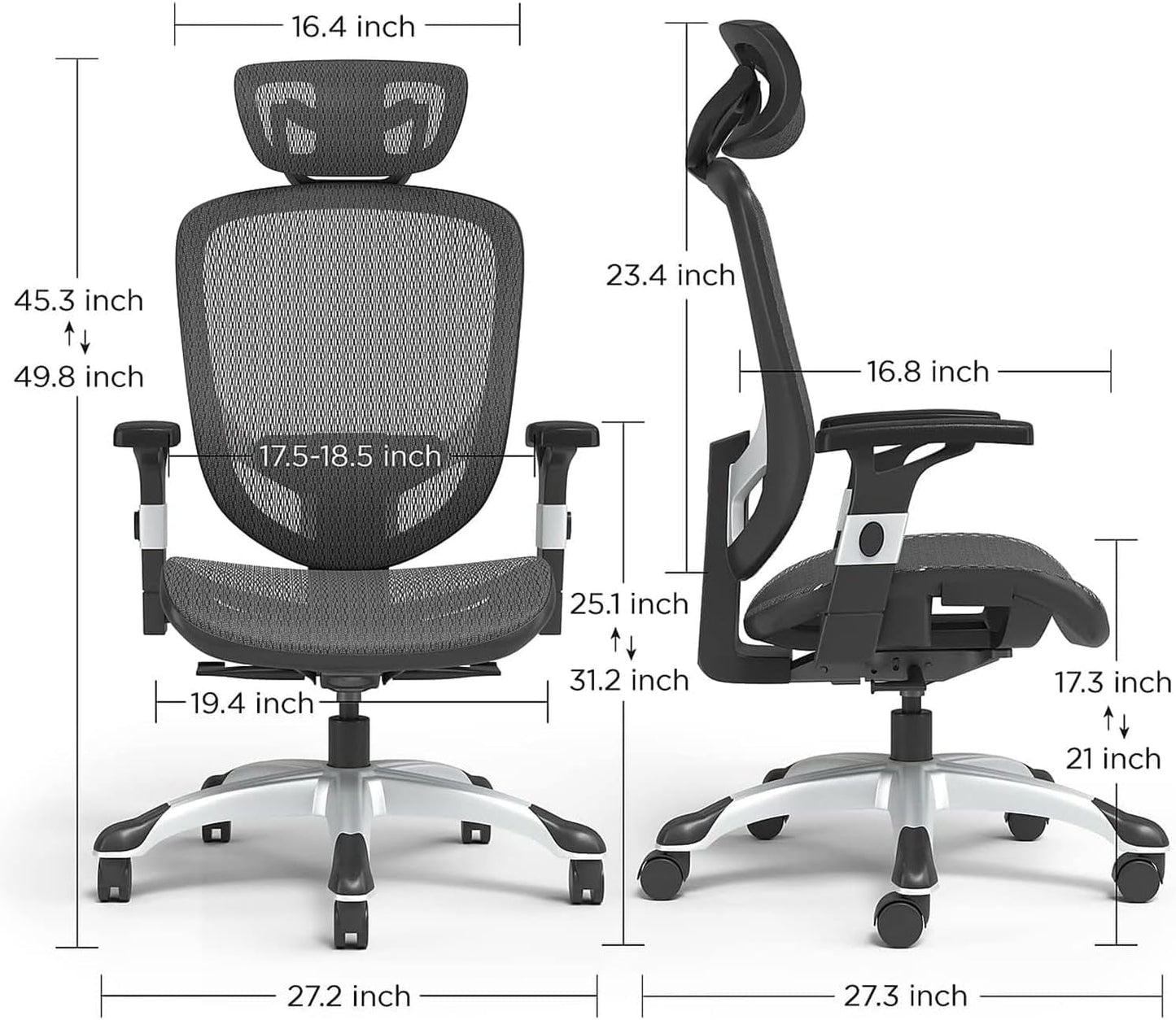 Hyken Chair: Ergonomic Mesh Swivel Task Chair. Adjustable Black Office Chair with Breathable Mesh and Good Lumbar, Arm and Head Support.-2