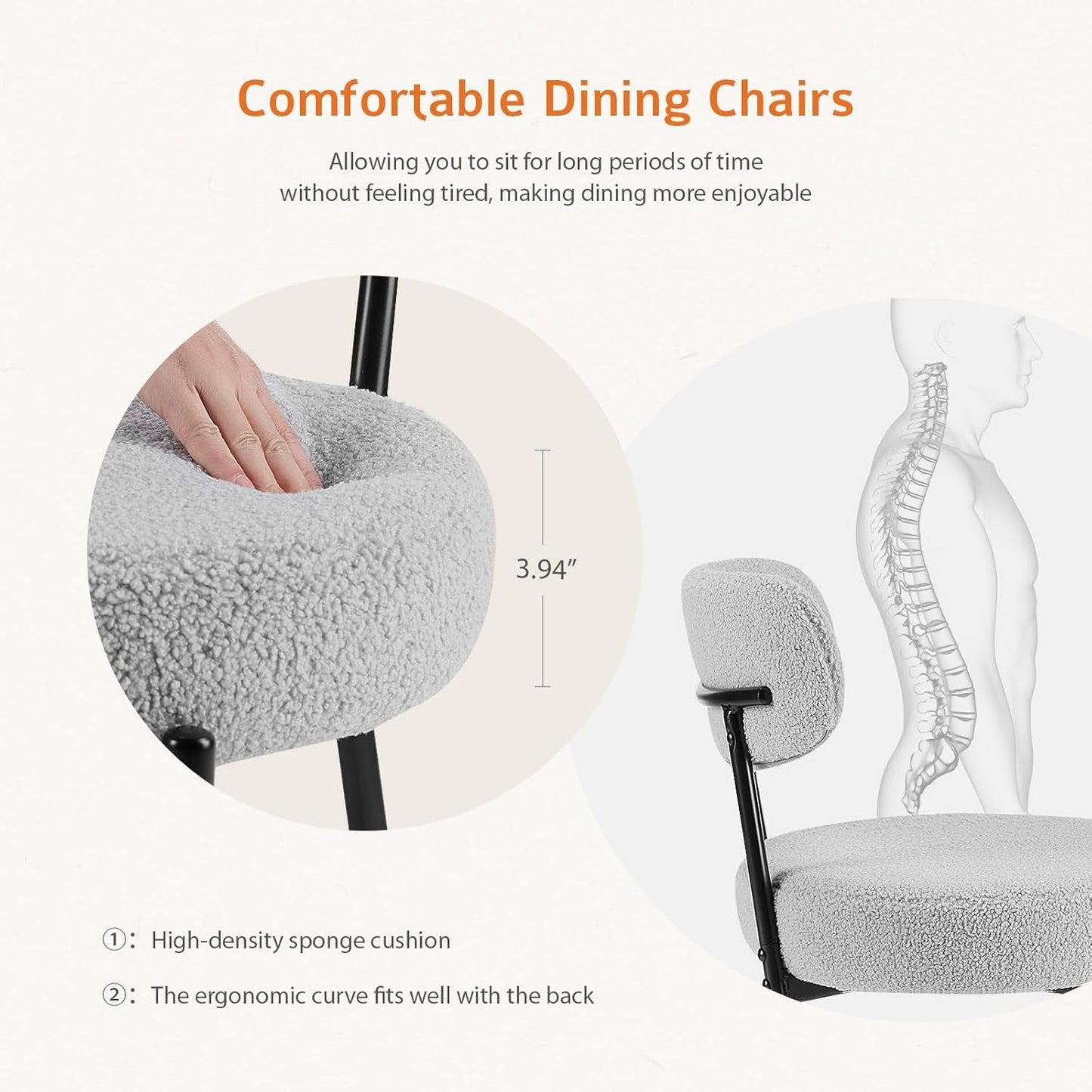Dining Chairs Set of 4, Boucle Upholstered Kitchen Chairs with Curved Backrest & Metal Legs, Mid Century Modern round Dining Room Chairs for Vanity, Living Room - Grey-3