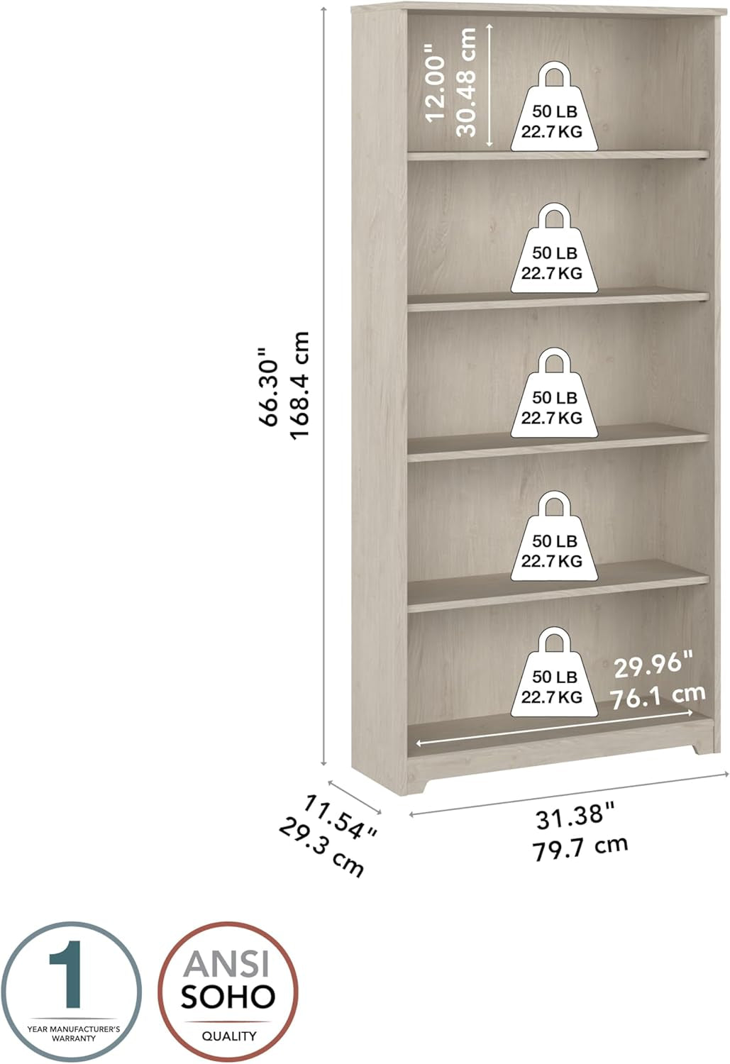 Bush Furniture Cabot Tall 5 Shelf Bookcase | Large Open Bookshelf in Linen White Oak | Sturdy Display Cabinet for Library, Living Room, and Home Office-2