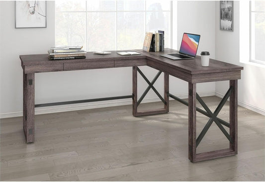 LYS L-Shaped Industrial Desk - Gray Oak Top - 29.50" Height X 67" Width X 52.13" Depth-1