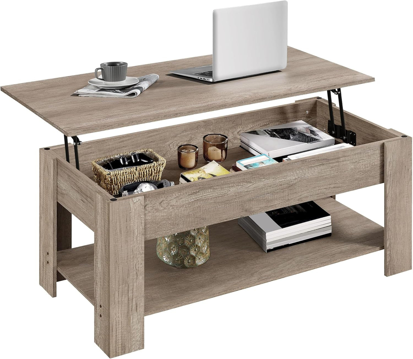 Lift Top Coffee Table with Hidden Compartment and Storage Shelf, Rising Tabletop Dining Table for Living Room Reception Room, 38.6In L, Grey-0