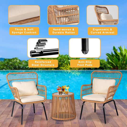 3 Pieces Outdoor Wicker Bistro Patio Furniture Set, Porch Furniture Rattan Conversation Sets with Side Table and Cushions for Garden Poolside Backyard, Yellow/Beige-1