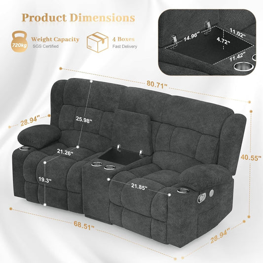 Loveseat Recliner Sofa, 2 Seater Curved Sofa for Living Room, Reclining Loveseat Sofa with Storage Console, Fabric Manual Pull Tab Reclining Loveseat with USB Charge Ports, Cup Holders (Grey)-1