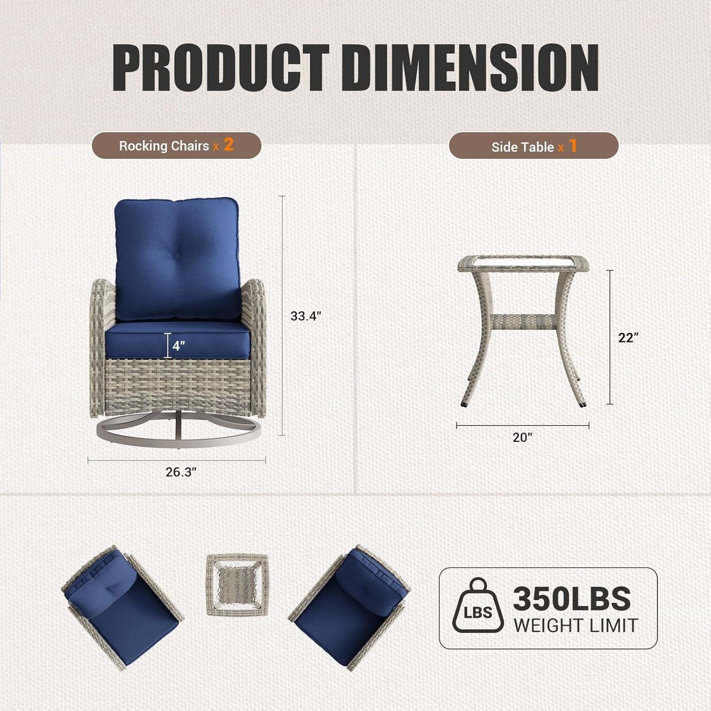 Patio Rocking Swivel Chair Outdoor Wicker Rattan Bistro Set with Tempered Glass Side Table, Outdoor Patio Furniture Set for Garden, Deck, and Balcony, Blue-4