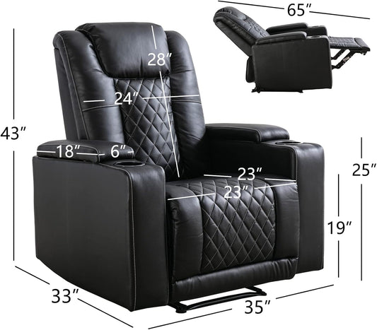 Electric Power Recliner Chair Soft Leather Reclining with USB Ports and Cup Holders, Black Home Theater Seating with Hidden Arm Storage Movie & Media Room Chairs-1