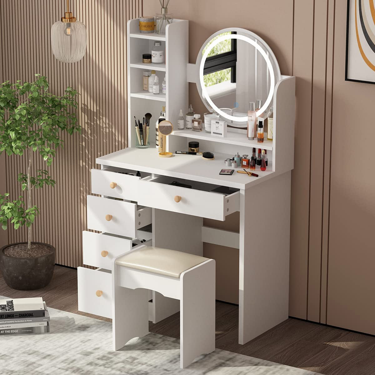 Vanity Desk Set with Lighted Mirror and Jewelry Organizer-2