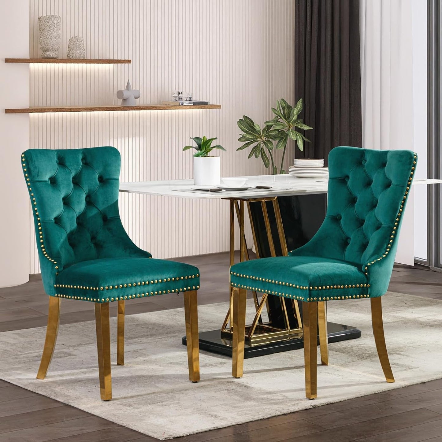 Velvet Dining Chair Set of 2, Upholstered Tufted Dining Room Chair with Nailhead Trim and Stainless Steel Gold Plated Leg for Kitchen, Green-0