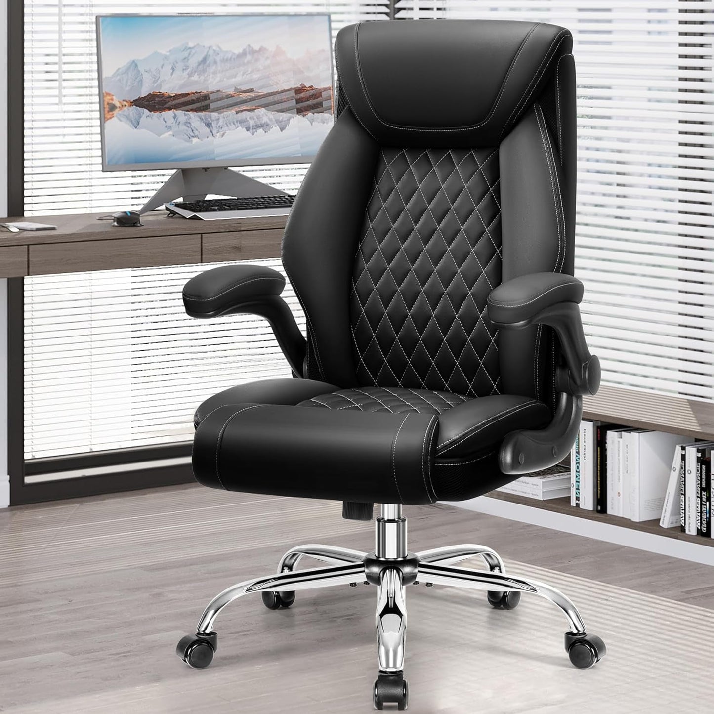 Office Chair, Ergonomic High Back Home Office Desk Chair, Big and Tall Breathable Leather Office Chair with Lumbar Support Flip-Up Armrests, Computer Chair with Rocking Function-0