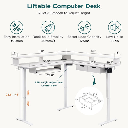 60 Inches L Shaped Electric Standing Desk, Height Adjustable Corner Gaming Desk with Drawers, Keyboard Tray, Power Outlets & LED Lights, Computer Desk with Monitor Shelf, Antique White-1