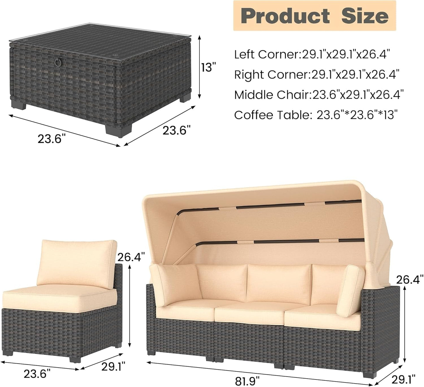 Outdoor Daybed with Canopy,6 Pieces Patio Furniture Sets Adjustable Backrest PE Gradient Wicker Sectional Furniture Set with Tempered Glass Side Table-2