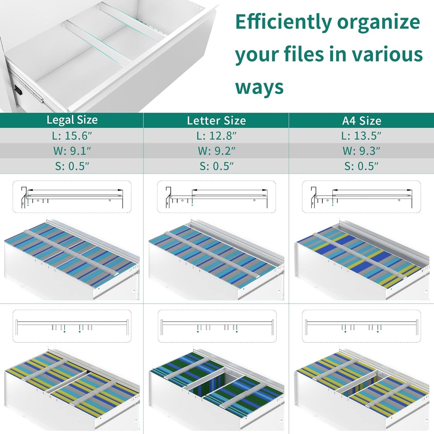 3 Drawer Lateral File Cabinet with Lock, Metal Stainless Steel Wide Lateral Filing Cabinet for Legal/Letter A4 Size, Office Organizer Storage Cabinet,White-4