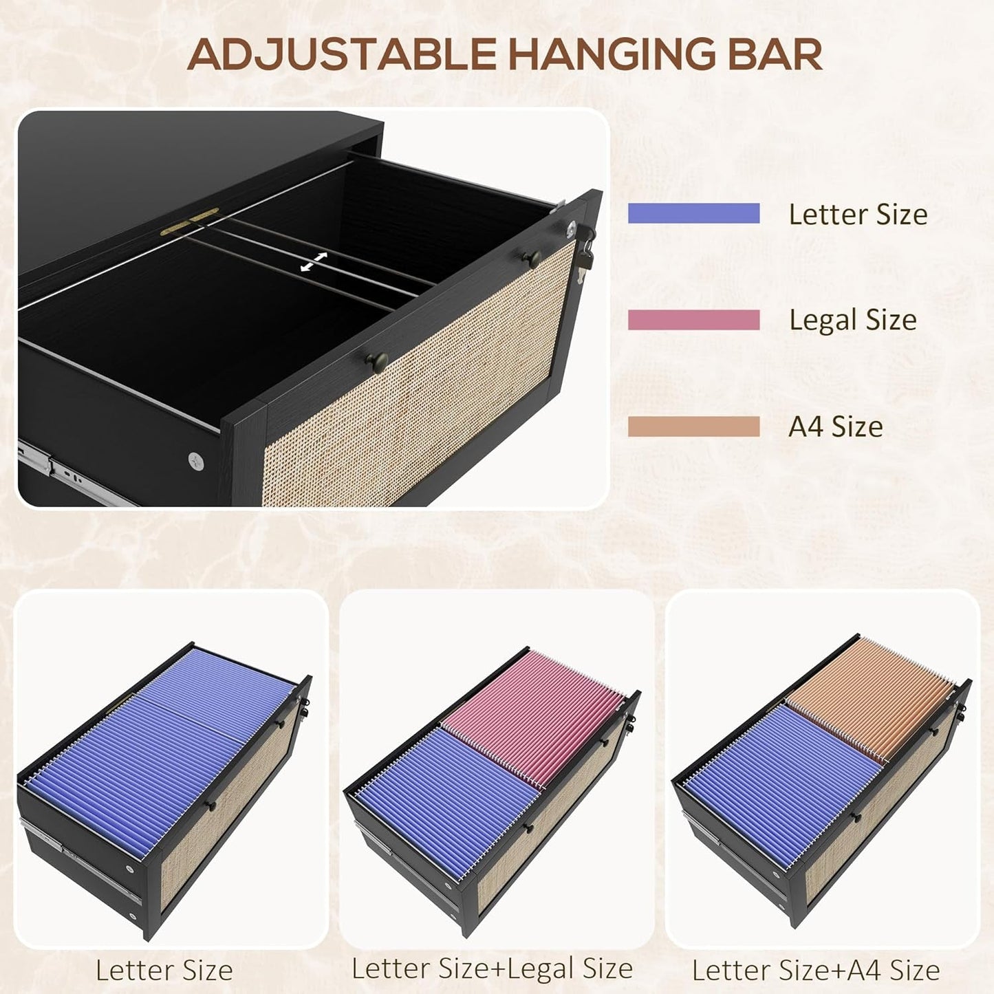 2 Rattan Drawer File Cabinet with Lock, Lateral Filing Cabinet with Adjustable Hanging Bar for Letter, A4 and Legal Size Files, Printer Stand for Home Office, Black-4