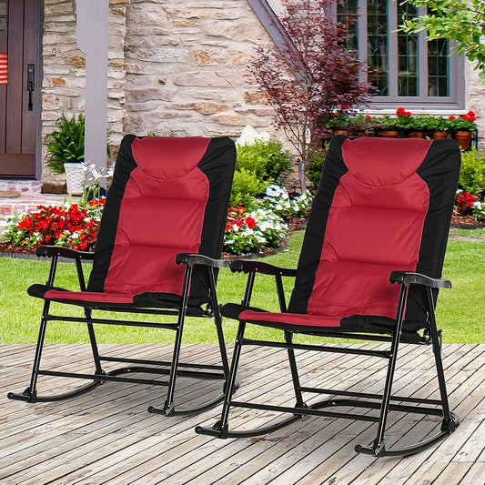 2 Piece Outdoor Patio Furniture Set with 2 Folding Padded Rocking Chairs, Bistro Style for Porch, Camping, Balcony, Red-1