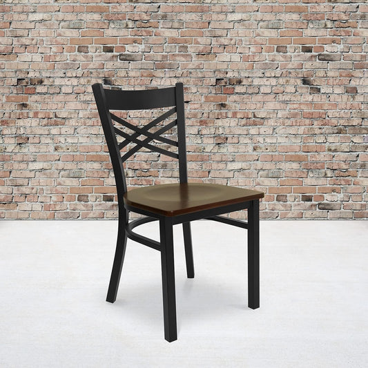 2 Pack HERCULES Series Black ''X'' Back Metal Restaurant Chair - Mahogany Wood Seat-1