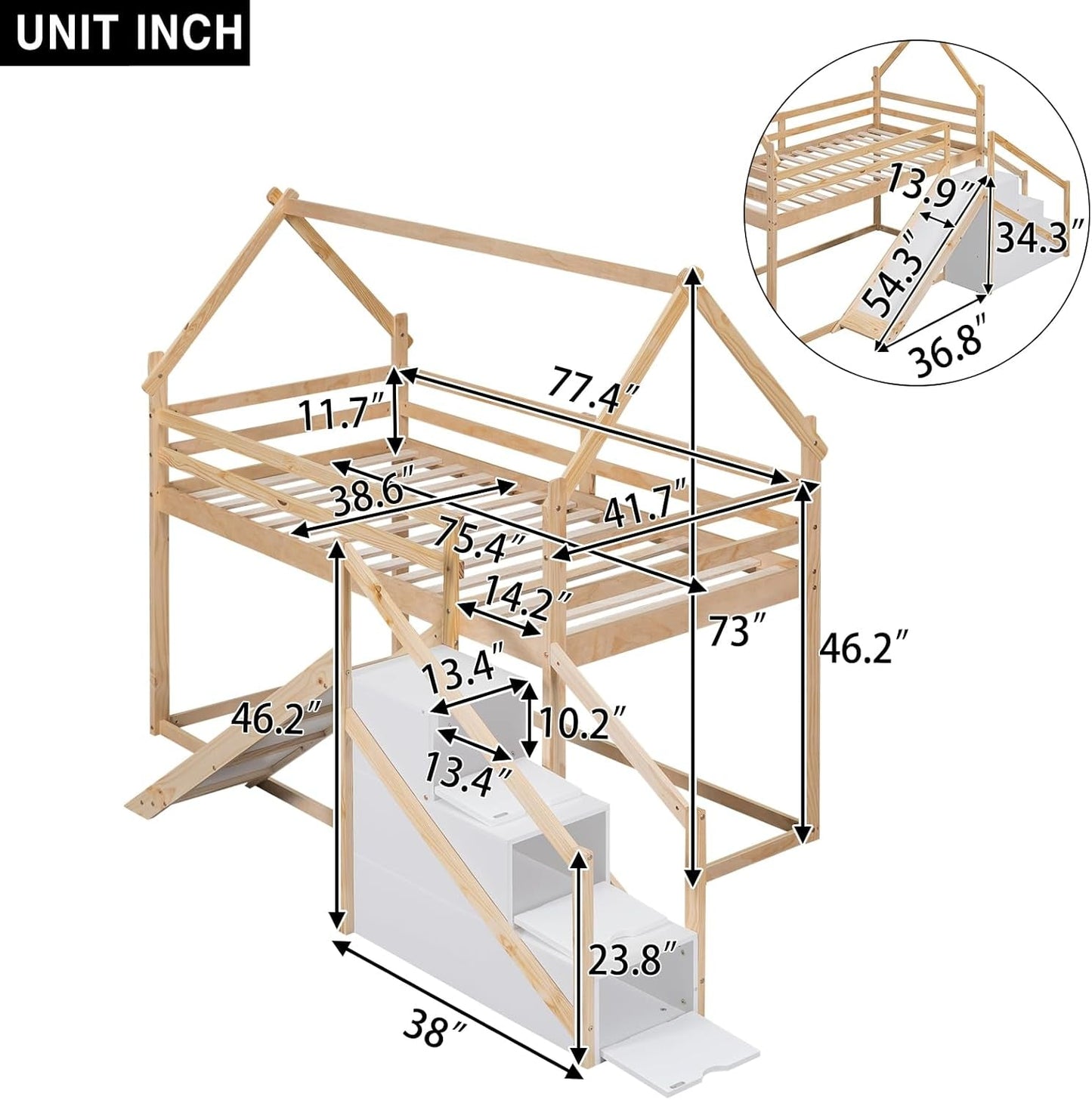 Twin over Twin Bunk Bed with Slide and Staircase, House Bunk Bed for Kids, Wood Loft/Bunk Bed Frame with Storage for Kids Teens Boys Girls, (Natural)-1
